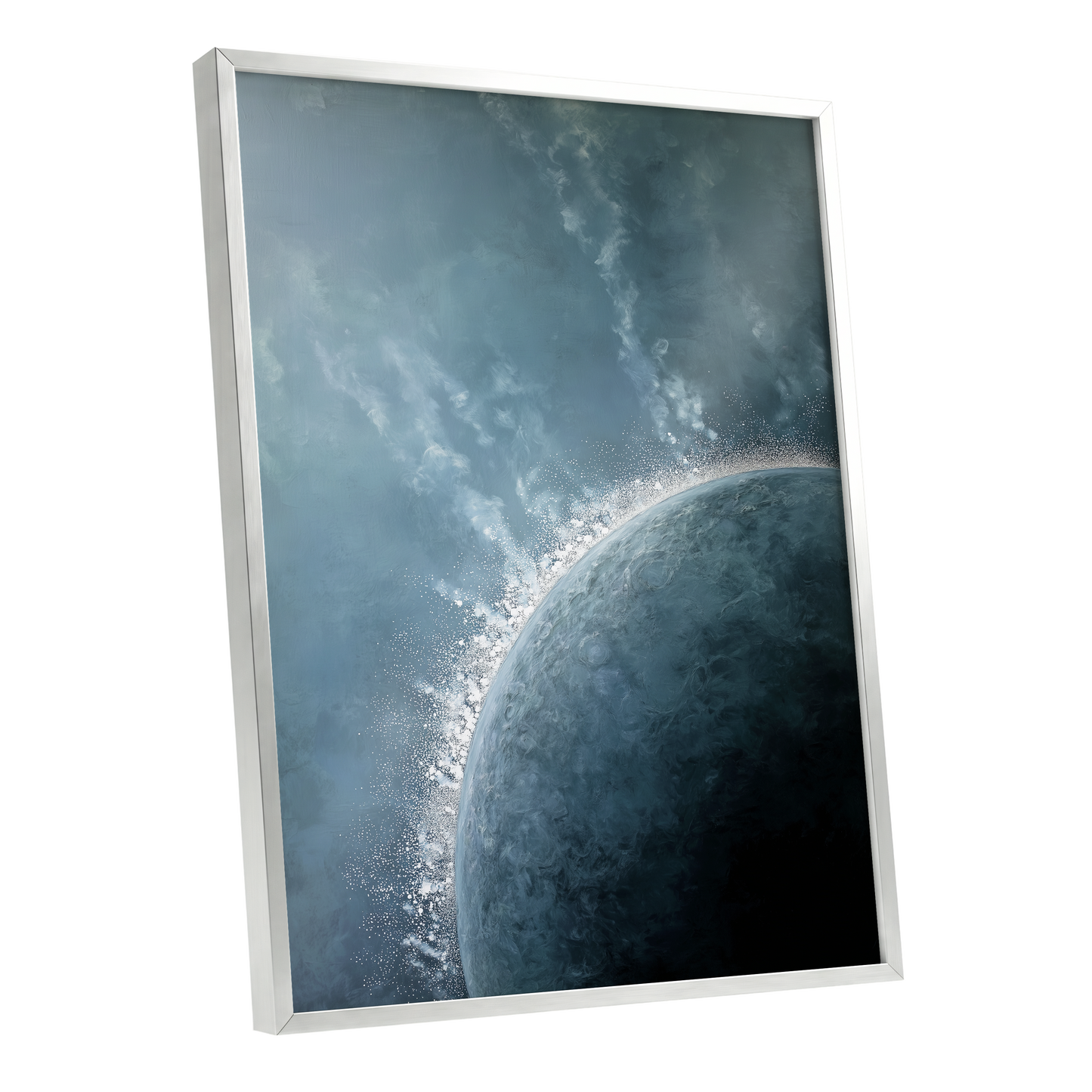 Frostline Eclipse, blue, gray, white nature wall art shown as a silver framed poster wall art print