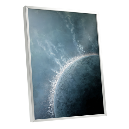Frostline Eclipse, blue, gray, white nature wall art shown as a silver framed poster wall art print