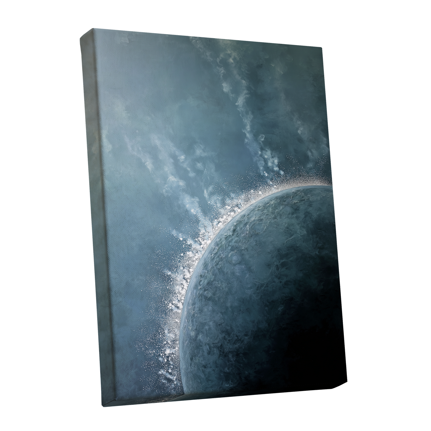 Frostline Eclipse, blue, gray, white nature wall art shown as a stretched canvas wall art
