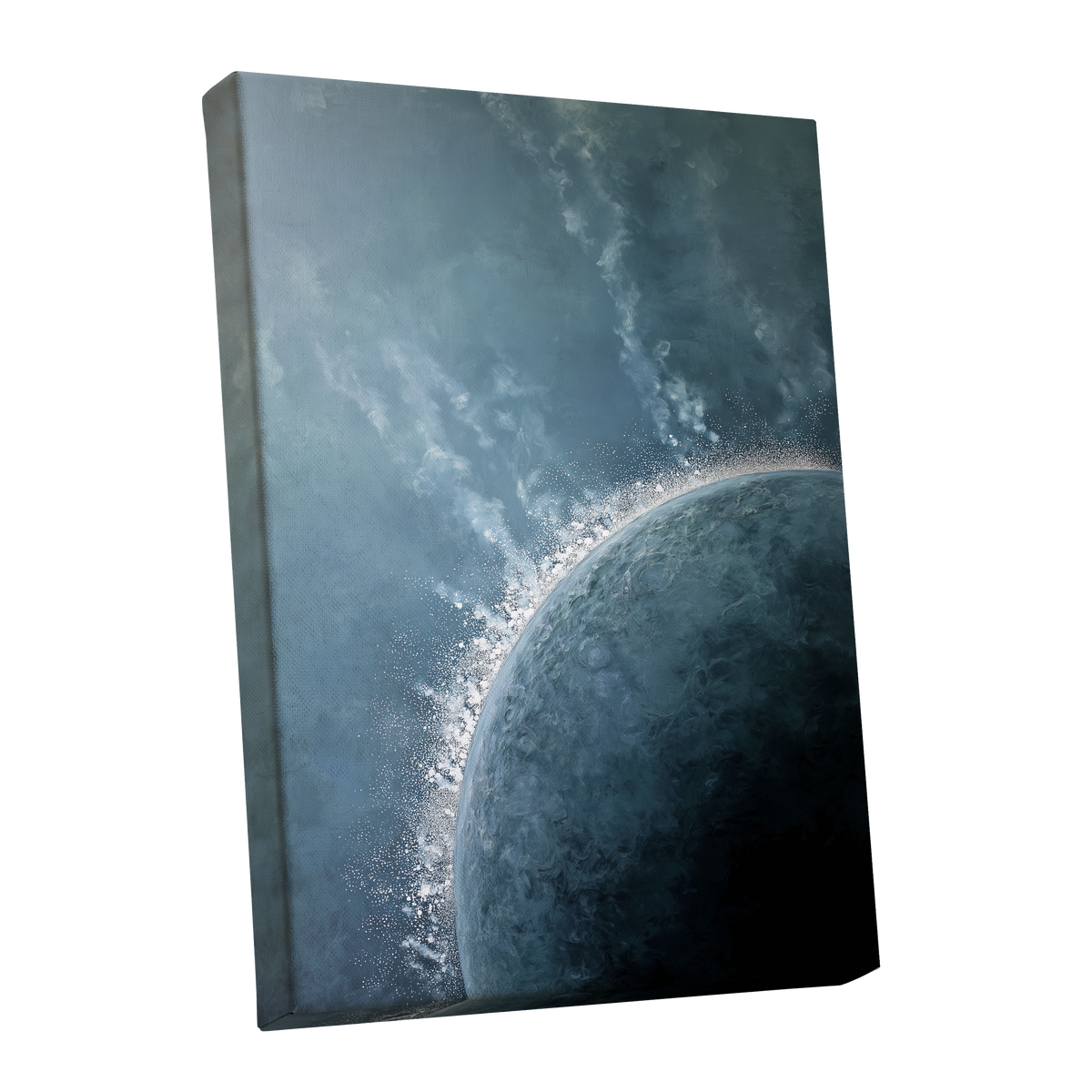 Frostline Eclipse, blue, gray, white nature wall art shown as a stretched canvas wall art