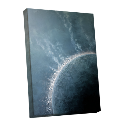 Frostline Eclipse, blue, gray, white nature wall art shown as a stretched canvas wall art