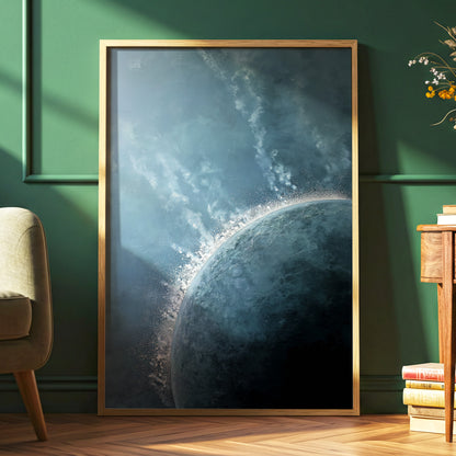 Frostline Eclipse, blue, gray, white nature wall art displayed in a styled interior, gallery view 2