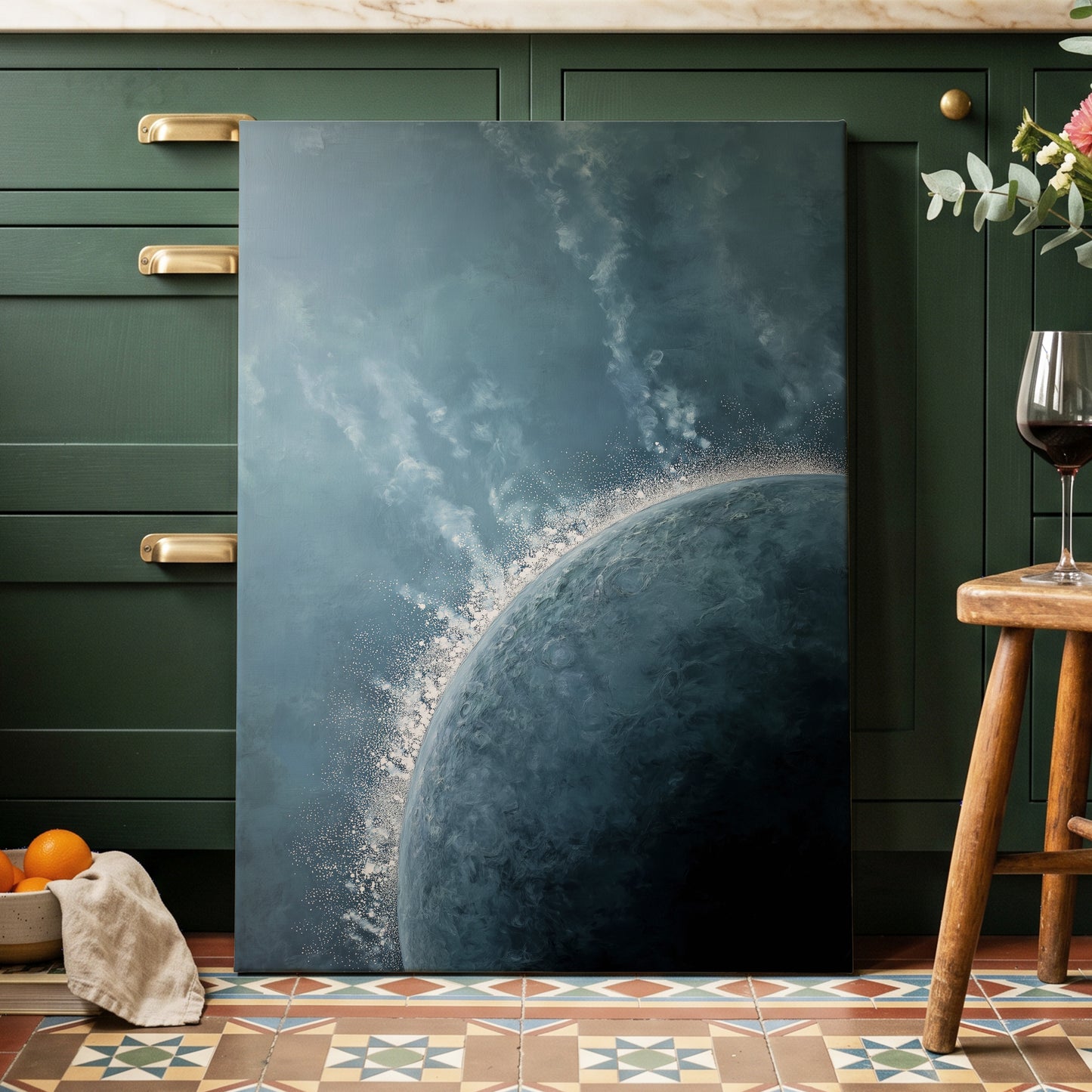 Frostline Eclipse, blue, gray, white nature wall art displayed in a styled interior, gallery view 3