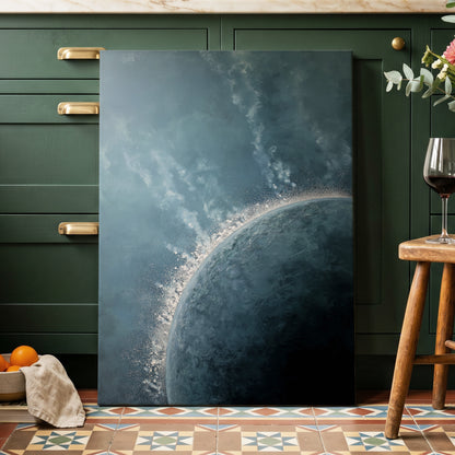 Frostline Eclipse, blue, gray, white nature wall art displayed in a styled interior, gallery view 3