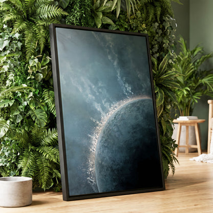 Frostline Eclipse, blue, gray, white nature wall art displayed in a styled interior, gallery view 4