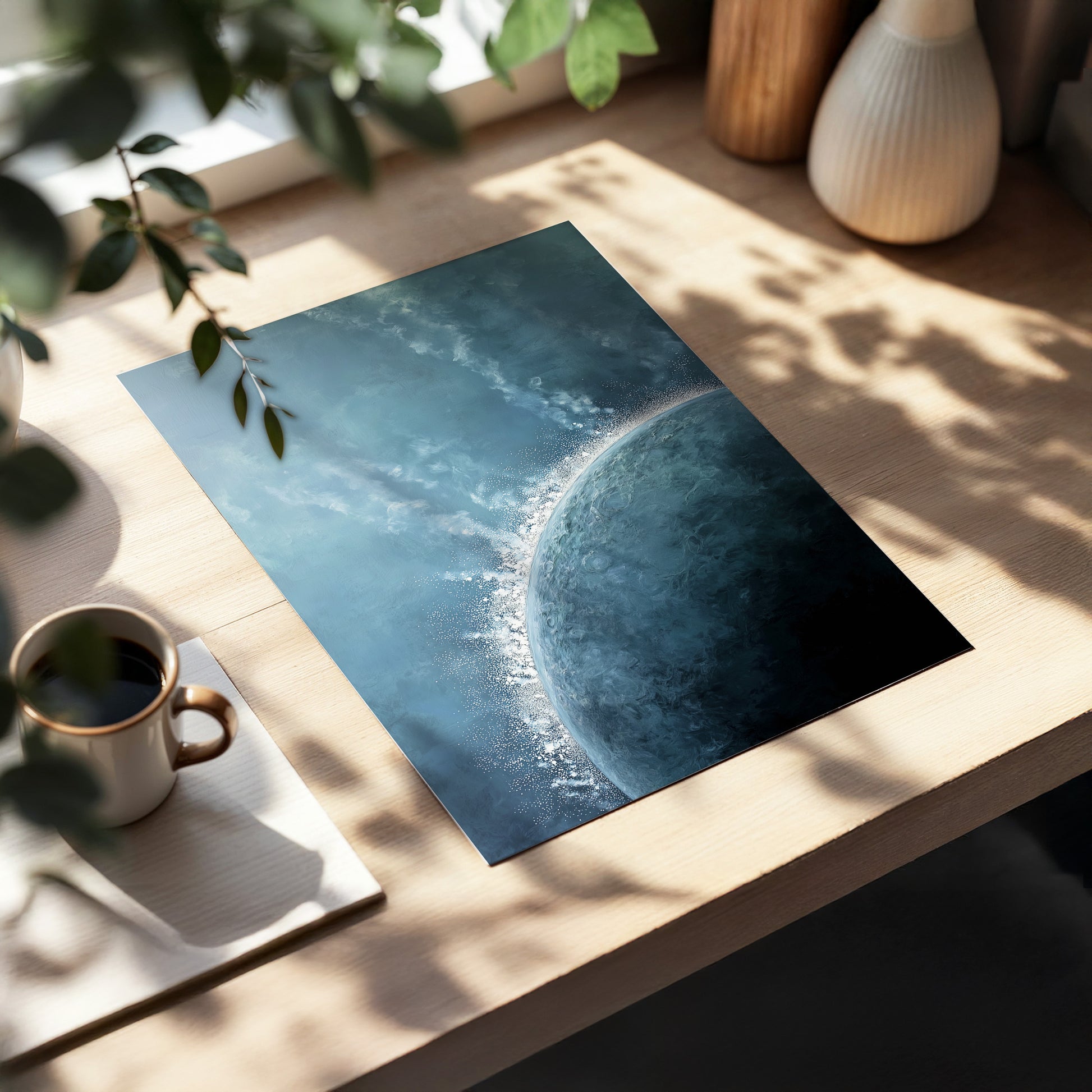 Frostline Eclipse, blue, gray, white nature wall art displayed in a styled interior, gallery view 5