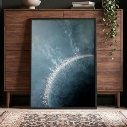 Frostline Eclipse, blue, gray, white nature wall art displayed in a styled interior, gallery view 6