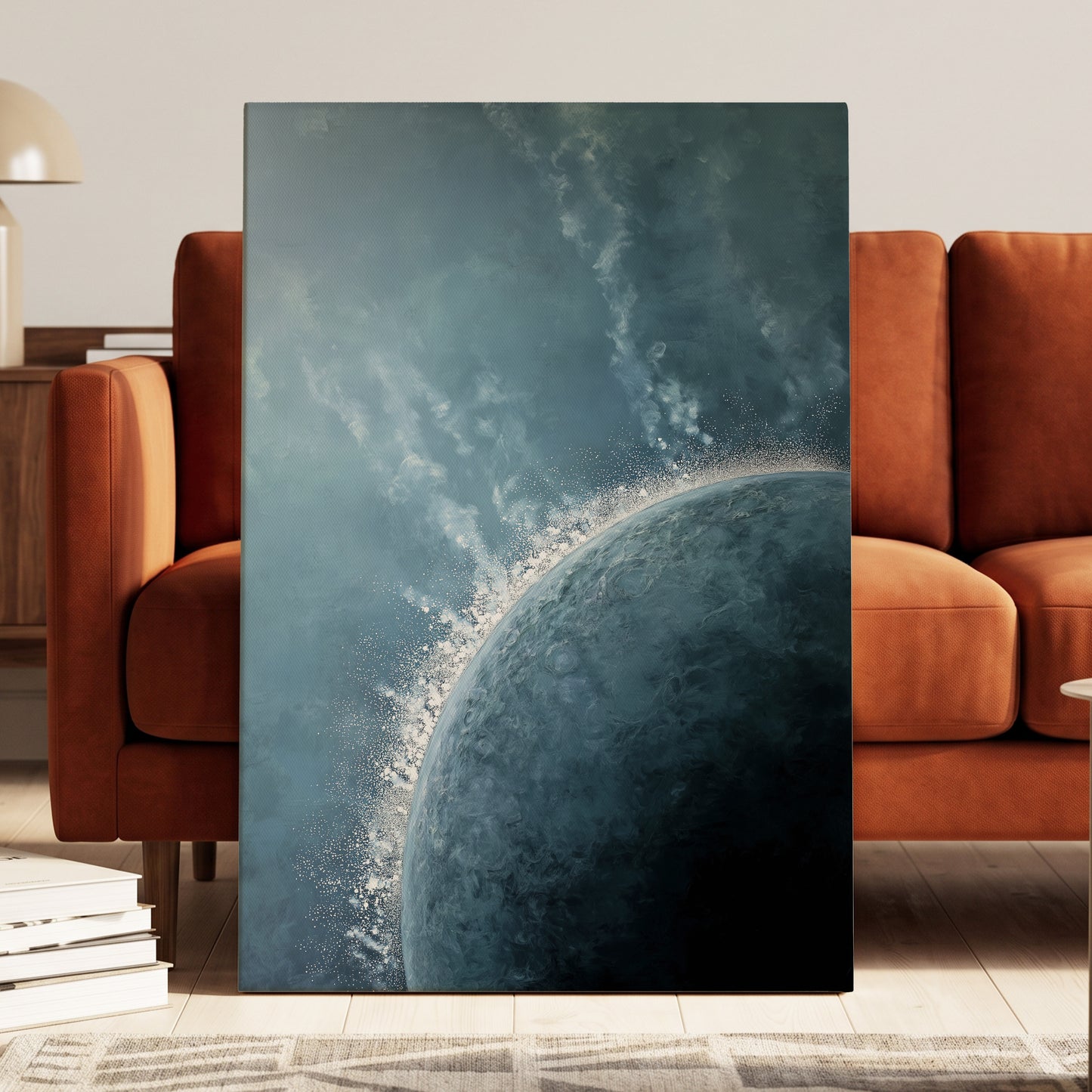 Frostline Eclipse, blue, gray, white nature wall art displayed in a styled interior, gallery view 7
