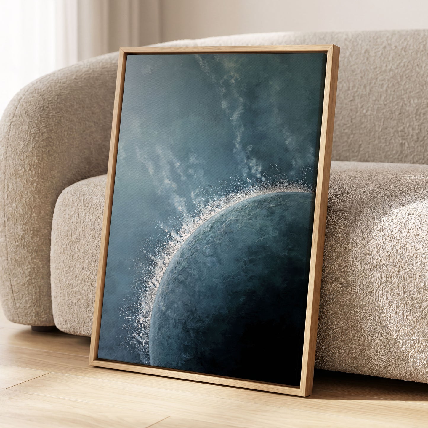 Frostline Eclipse, blue, gray, white nature wall art displayed in a styled interior, gallery view 8