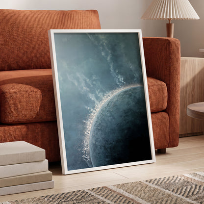 Frostline Eclipse, blue, gray, white nature wall art displayed in a styled interior, gallery view 9