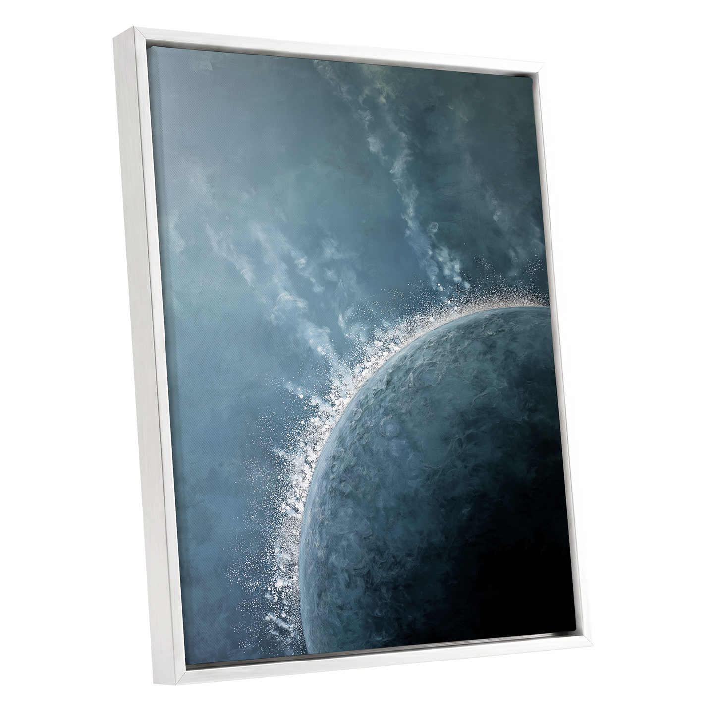 Frostline Eclipse, blue, gray, white nature wall art shown as a white framed canvas wall art