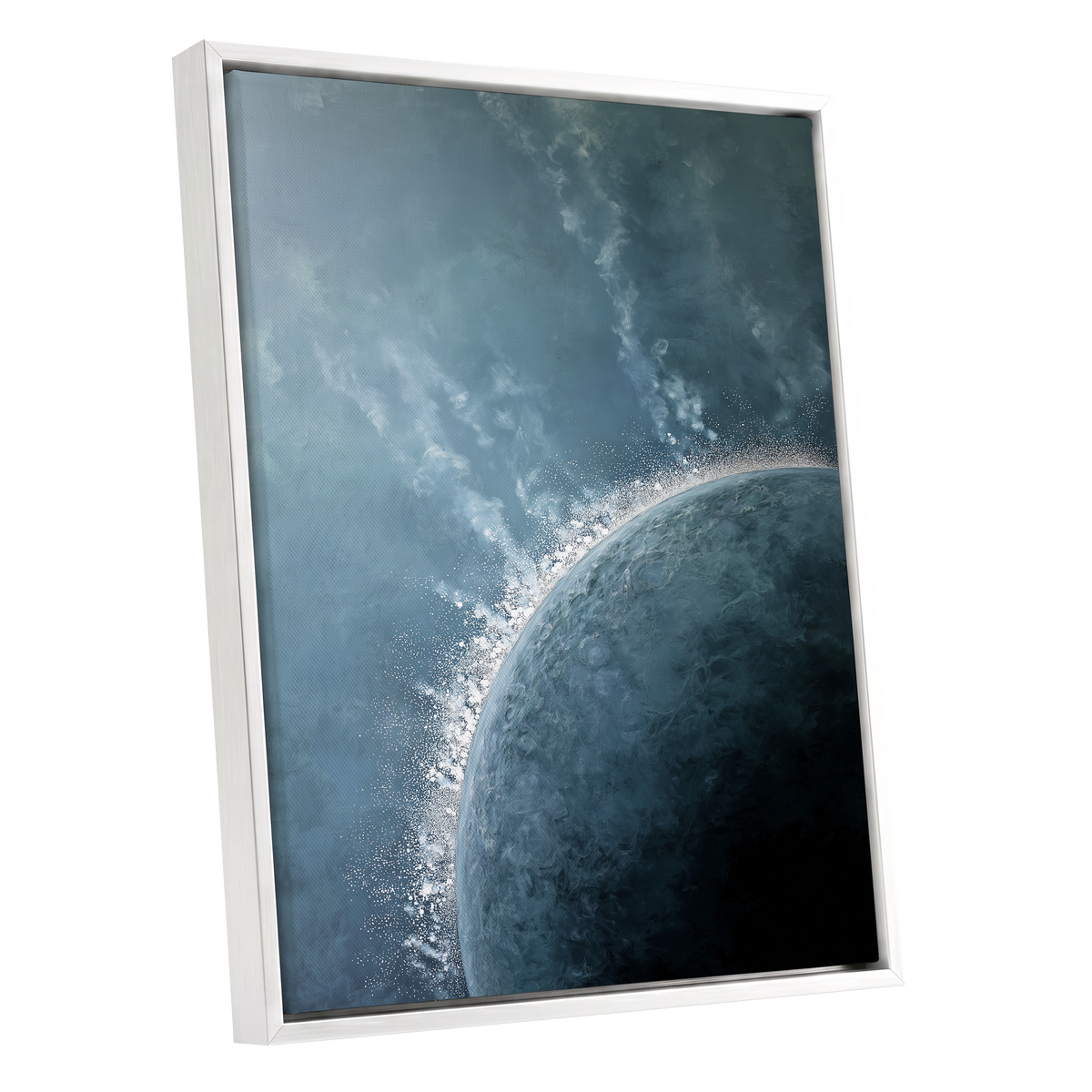Frostline Eclipse, blue, gray, white nature wall art shown as a white framed canvas wall art