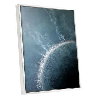 Frostline Eclipse, blue, gray, white nature wall art shown as a white framed canvas wall art
