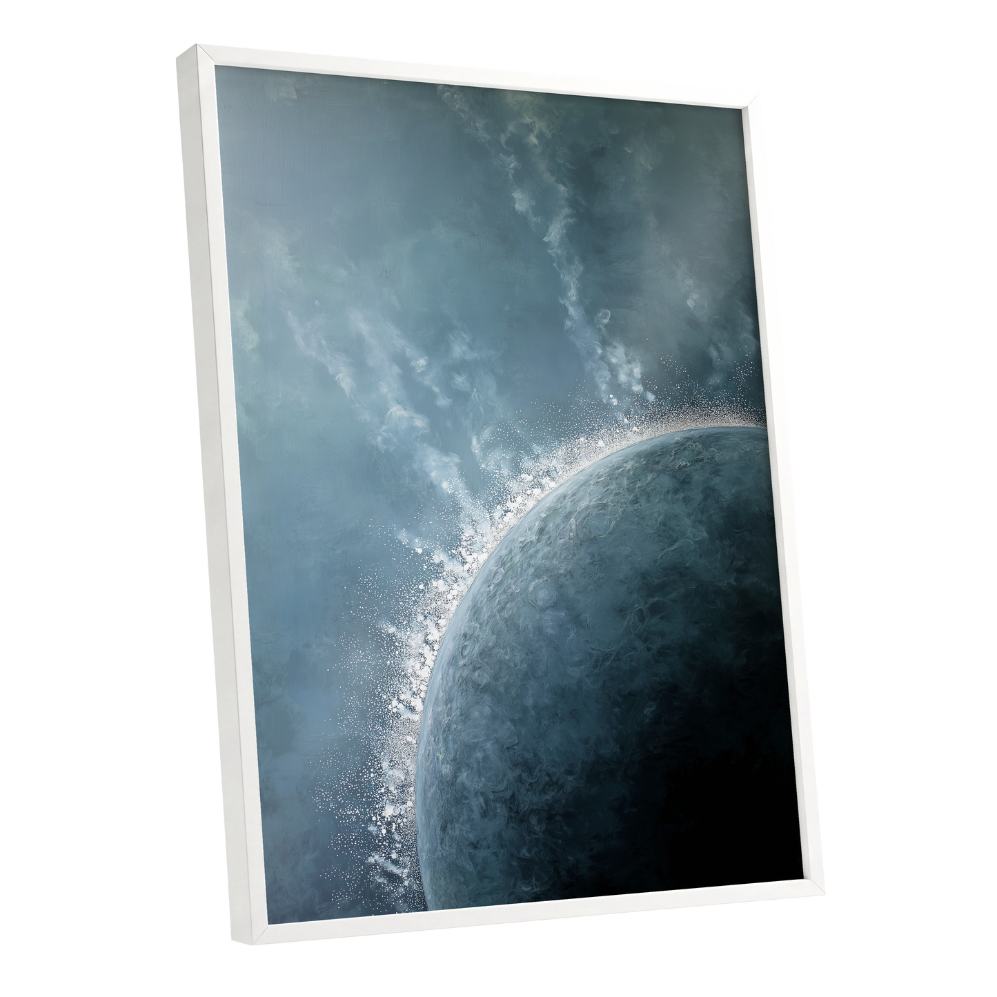Frostline Eclipse, blue, gray, white nature wall art shown as a white framed poster wall art print