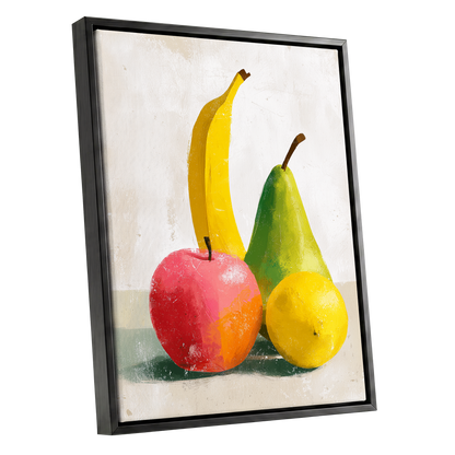 Fruitful Colour Study, yellow, green, pink nature wall art shown as a black framed canvas wall art