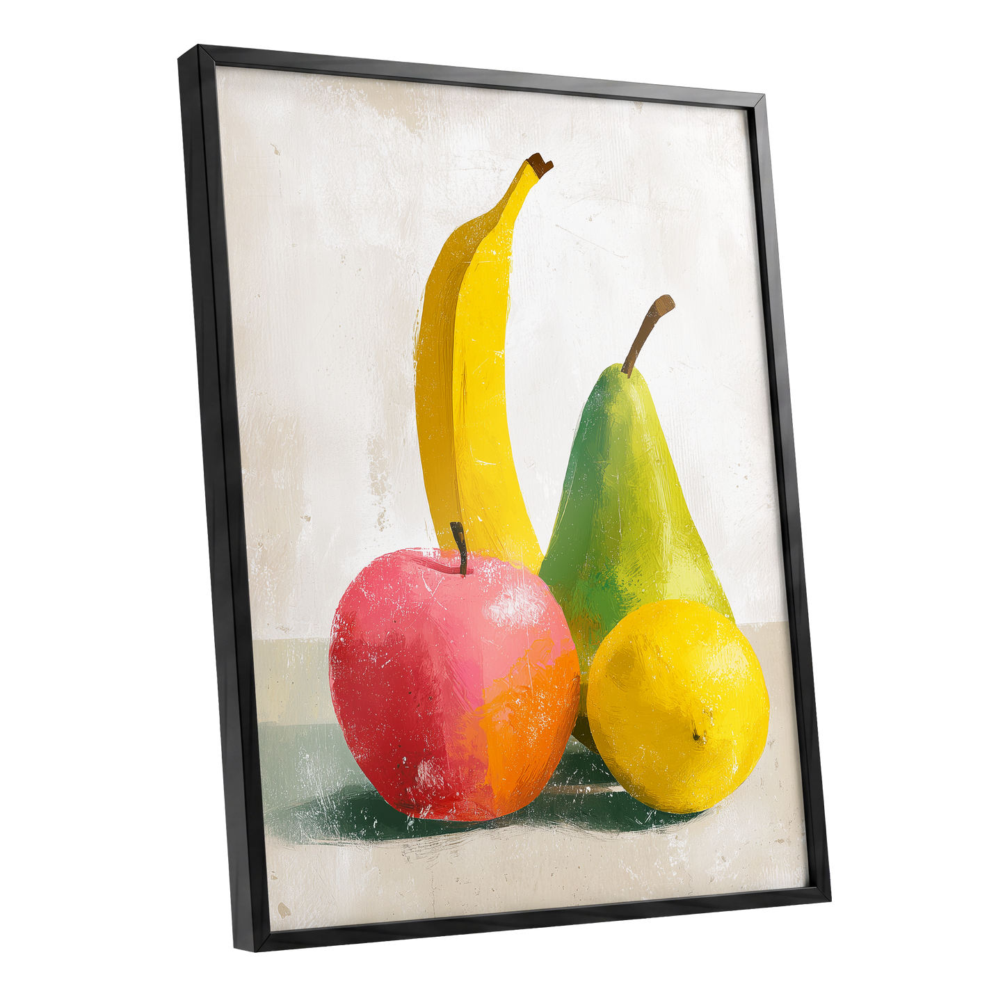 Fruitful Colour Study, yellow, green, pink nature wall art shown as a black framed poster wall art print