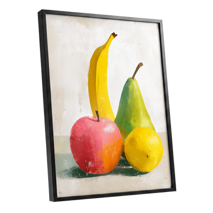 Fruitful Colour Study, yellow, green, pink nature wall art shown as a black framed poster wall art print