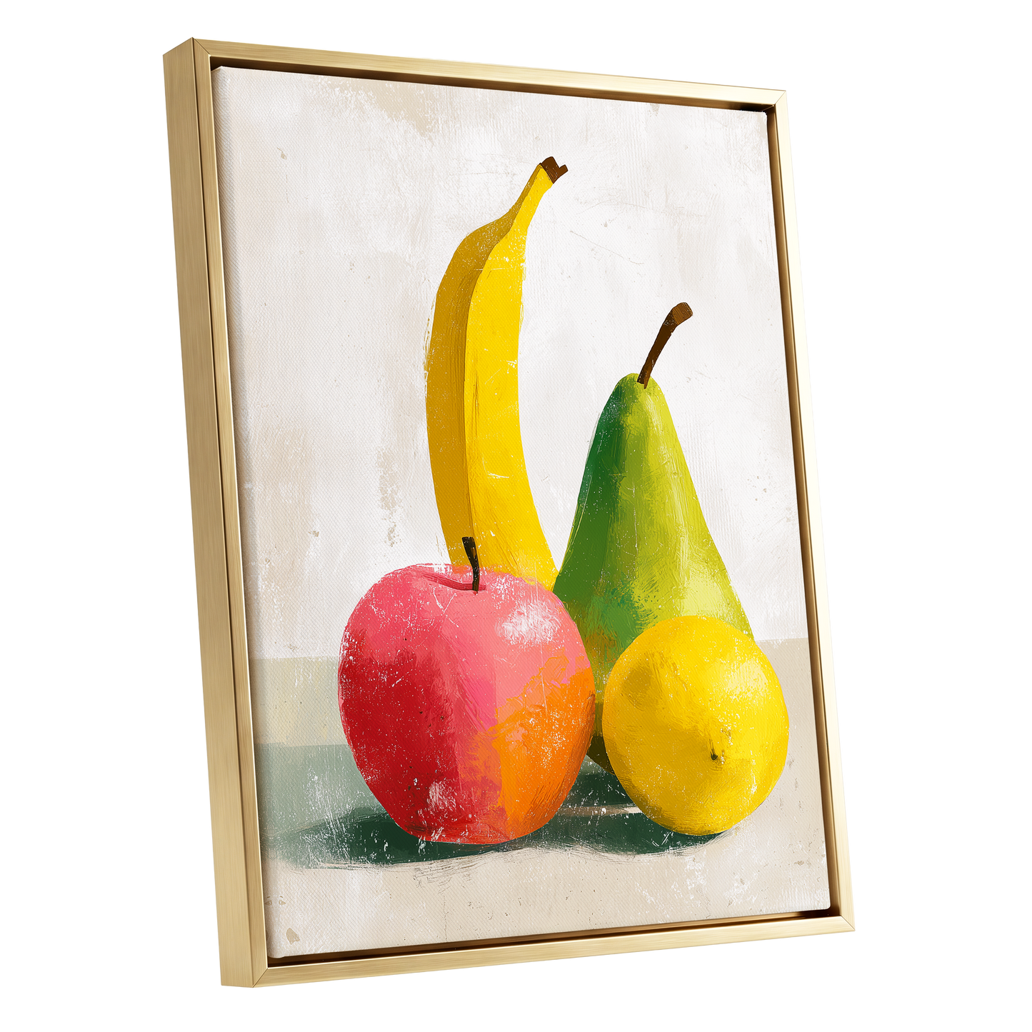 Fruitful Colour Study, yellow, green, pink nature wall art shown as a gold framed canvas wall art