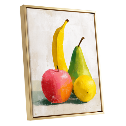 Fruitful Colour Study, yellow, green, pink nature wall art shown as a gold framed canvas wall art