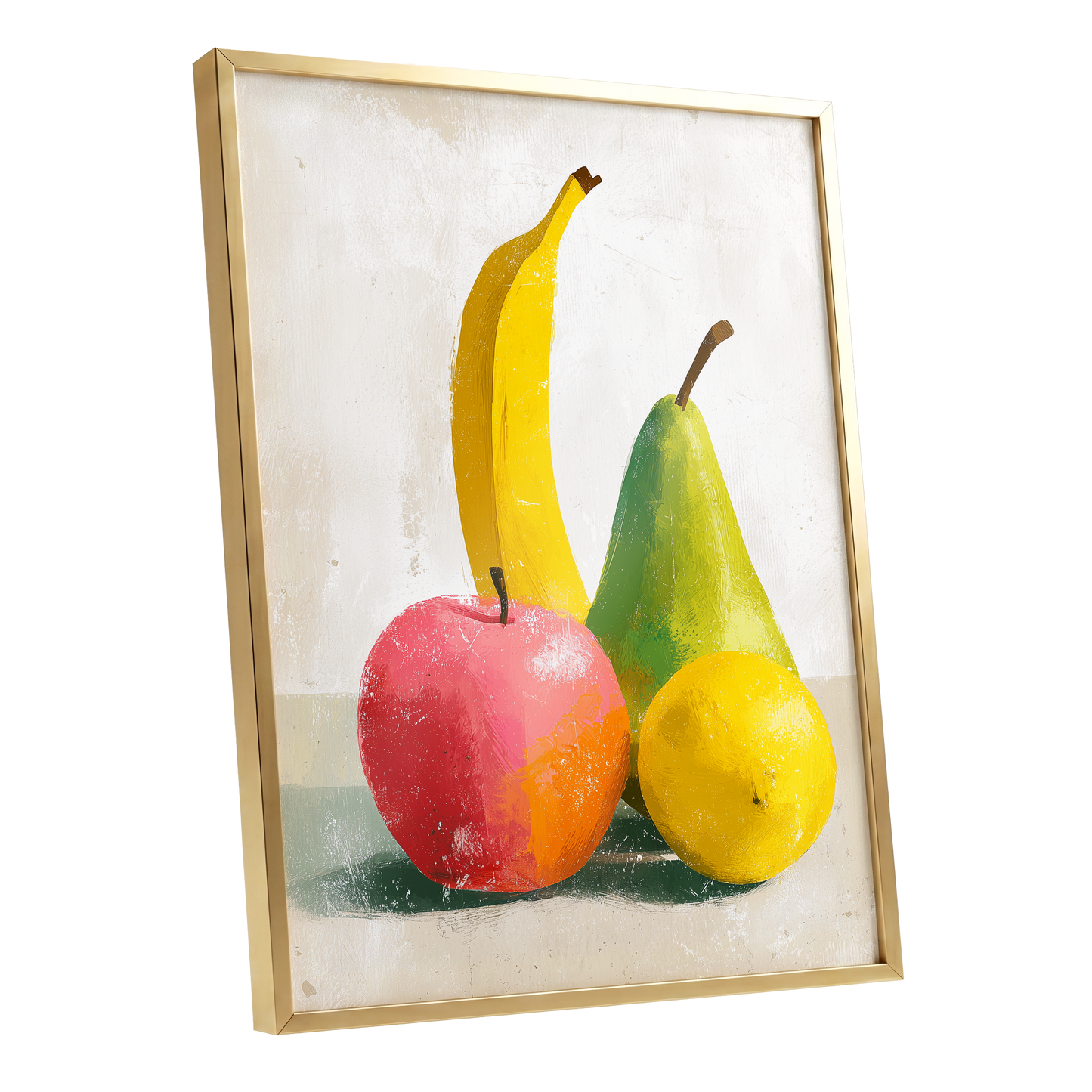 Fruitful Colour Study, yellow, green, pink nature wall art shown as a gold framed poster wall art print