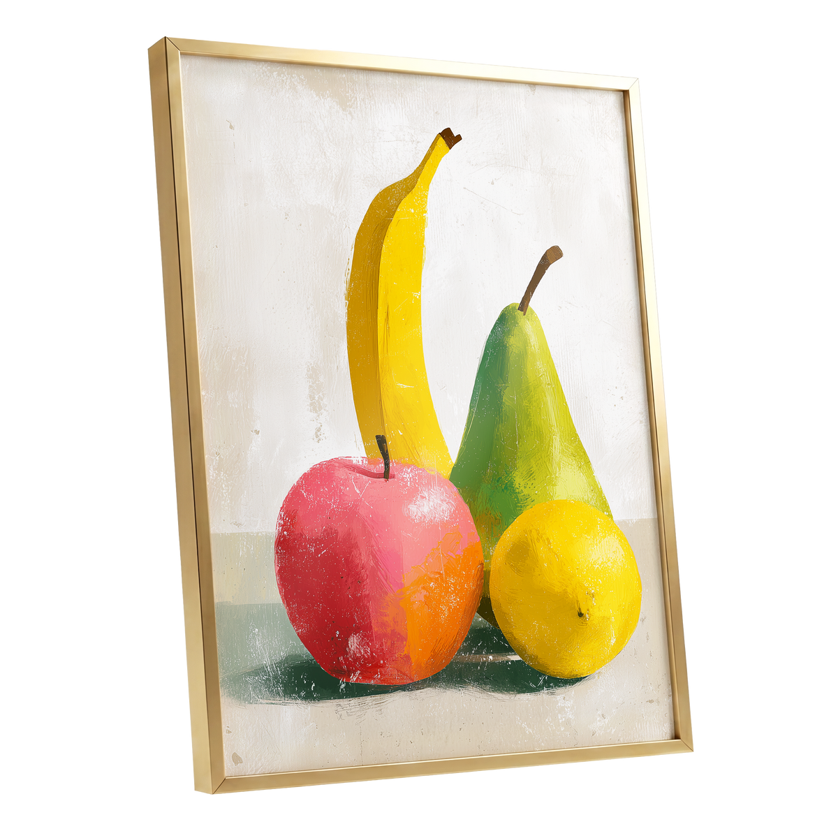 Fruitful Colour Study, yellow, green, pink nature wall art shown as a gold framed poster wall art print
