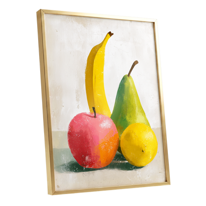 Fruitful Colour Study, yellow, green, pink nature wall art shown as a gold framed poster wall art print