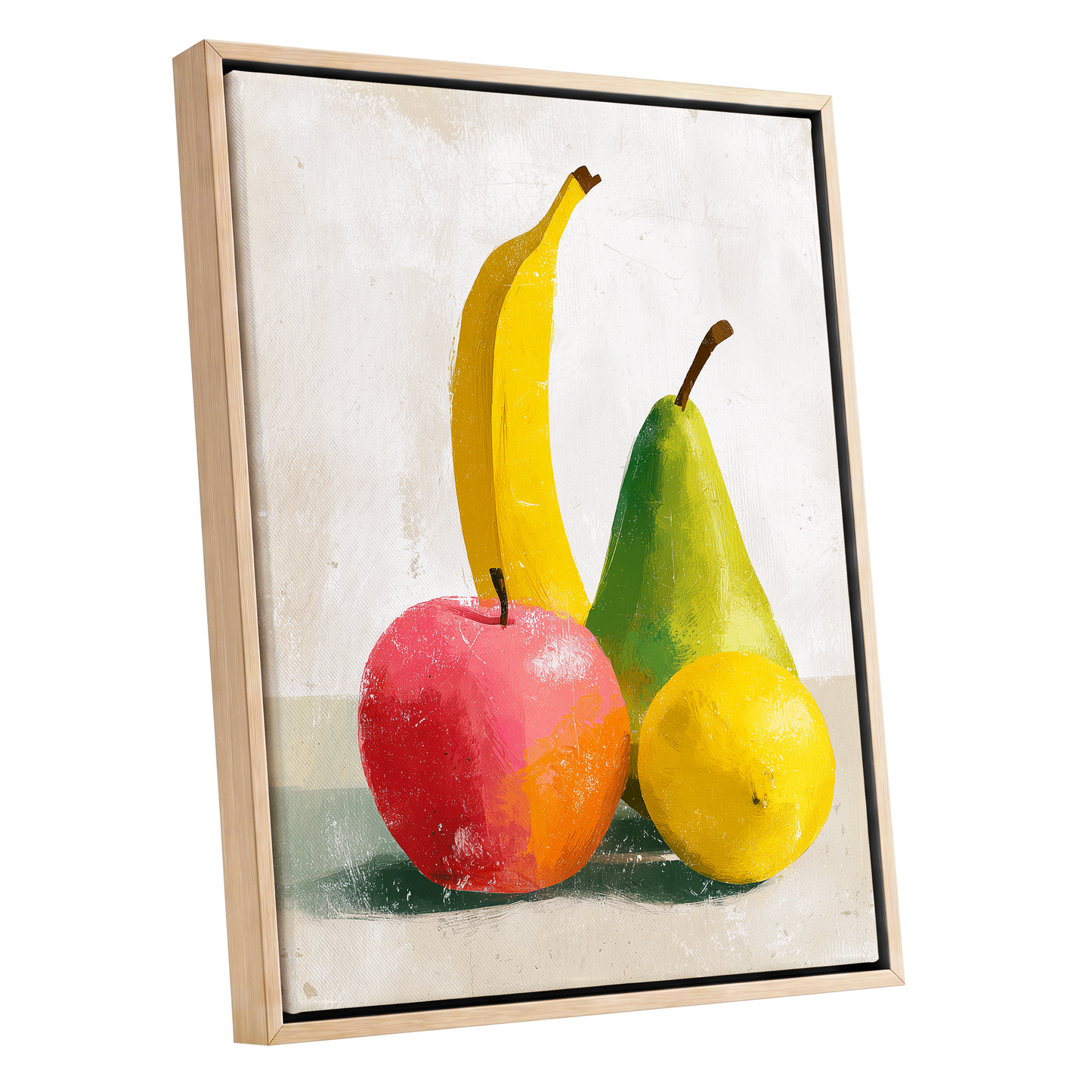 Fruitful Colour Study, yellow, green, pink nature wall art shown as a oak framed canvas wall art