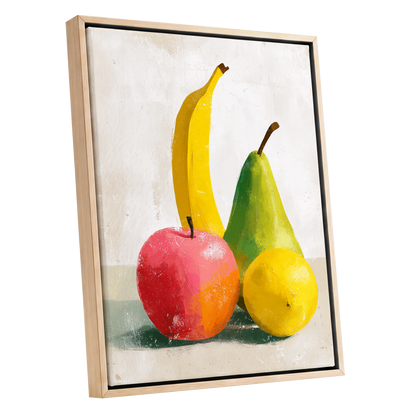 Fruitful Colour Study, yellow, green, pink nature wall art shown as a oak framed canvas wall art