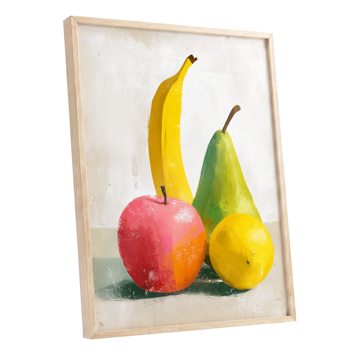 Fruitful Colour Study, yellow, green, pink nature wall art shown as a oak framed poster wall art print