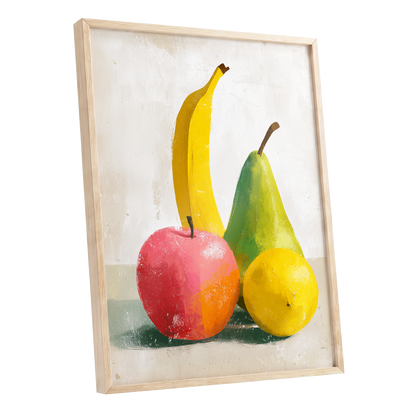 Fruitful Colour Study, yellow, green, pink nature wall art shown as a oak framed poster wall art print