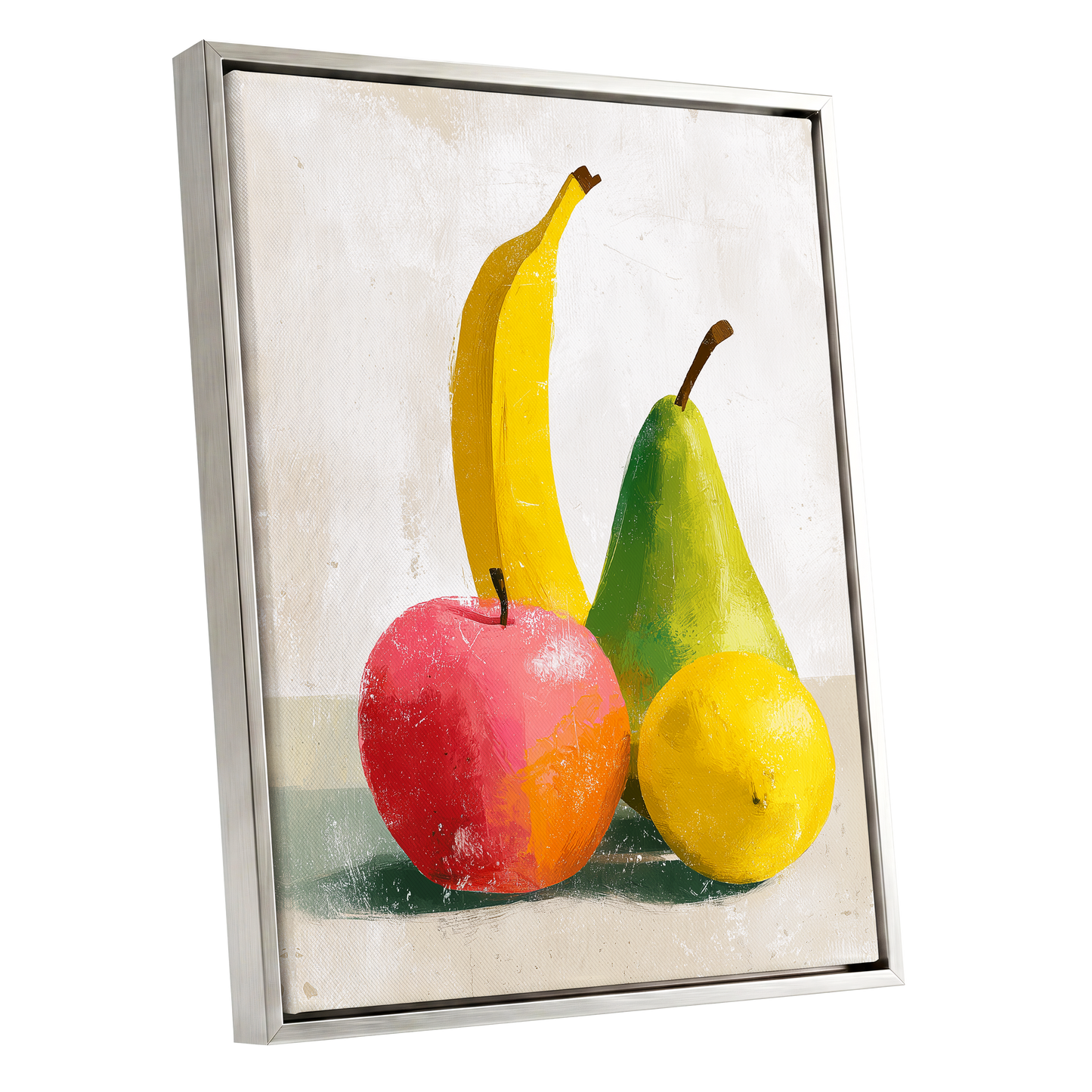 Fruitful Colour Study, yellow, green, pink nature wall art shown as a silver framed canvas wall art