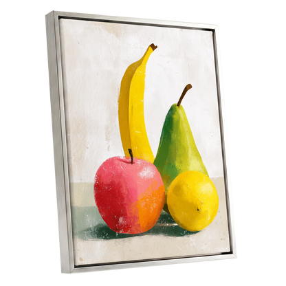 Fruitful Colour Study, yellow, green, pink nature wall art shown as a silver framed canvas wall art