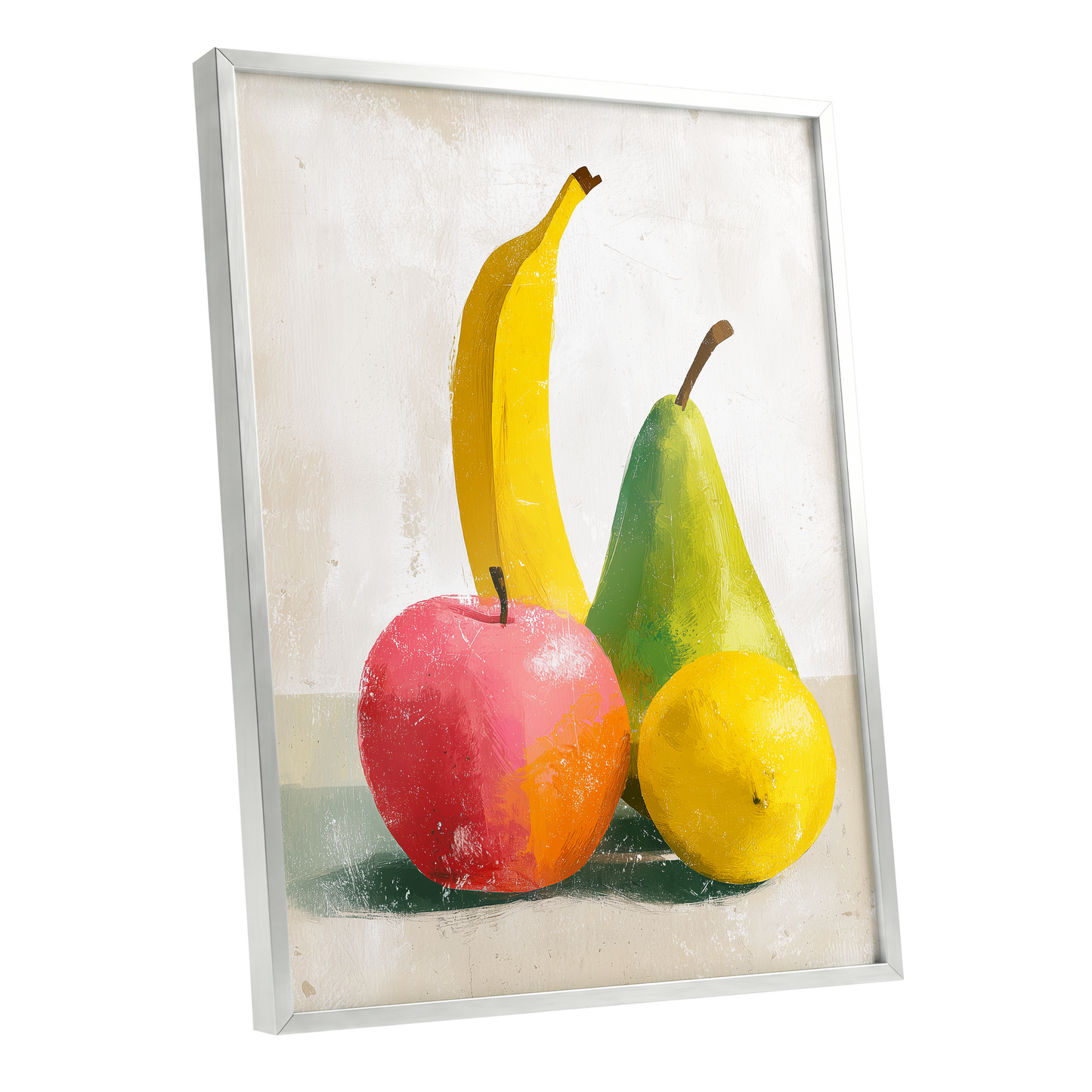Fruitful Colour Study, yellow, green, pink nature wall art shown as a silver framed poster wall art print