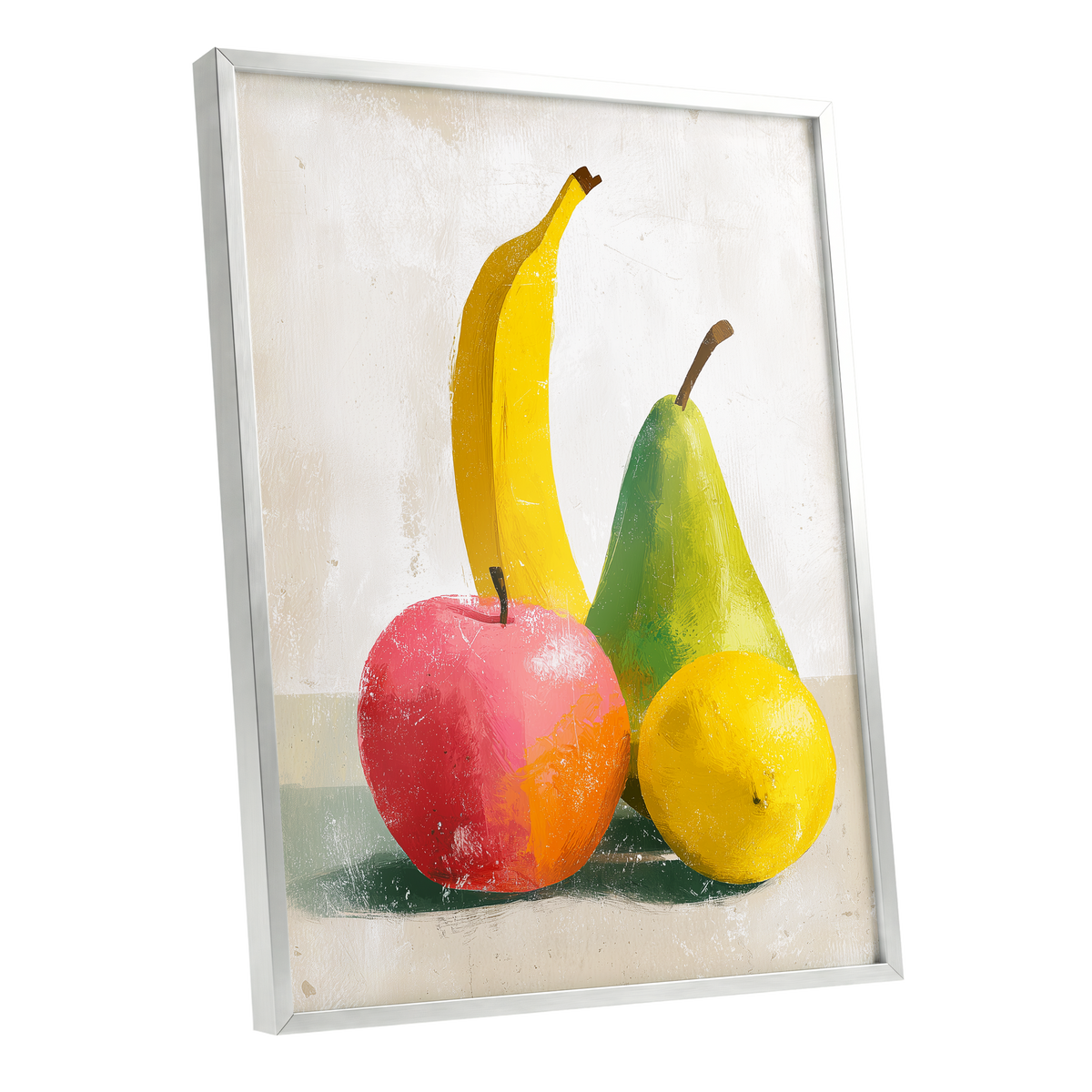 Fruitful Colour Study, yellow, green, pink nature wall art shown as a silver framed poster wall art print