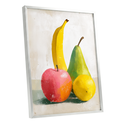 Fruitful Colour Study, yellow, green, pink nature wall art shown as a silver framed poster wall art print