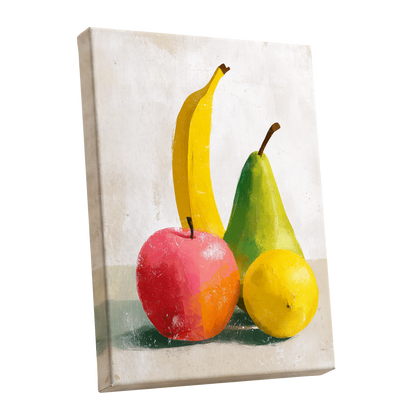 Fruitful Colour Study, yellow, green, pink nature wall art shown as a stretched canvas wall art