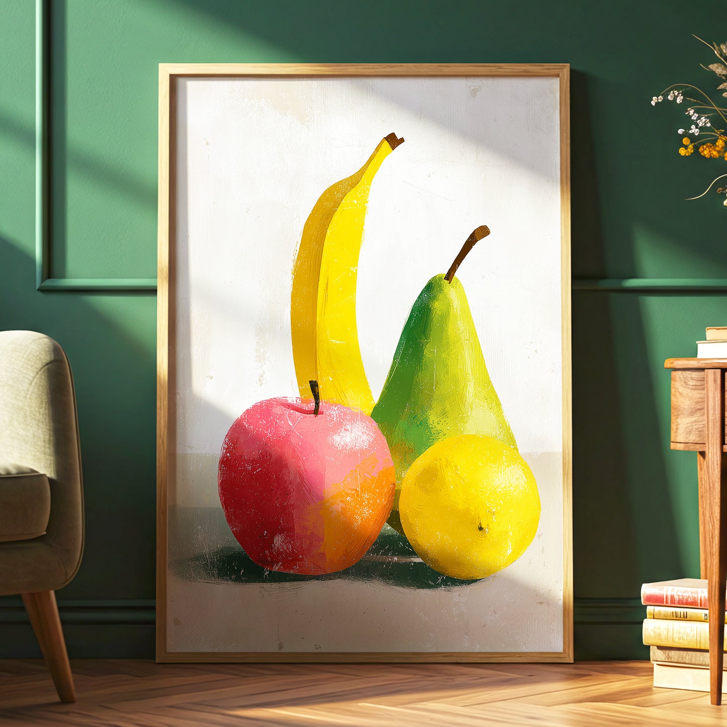 Fruitful Colour Study, yellow, green, pink nature wall art displayed in a styled interior, gallery view 2