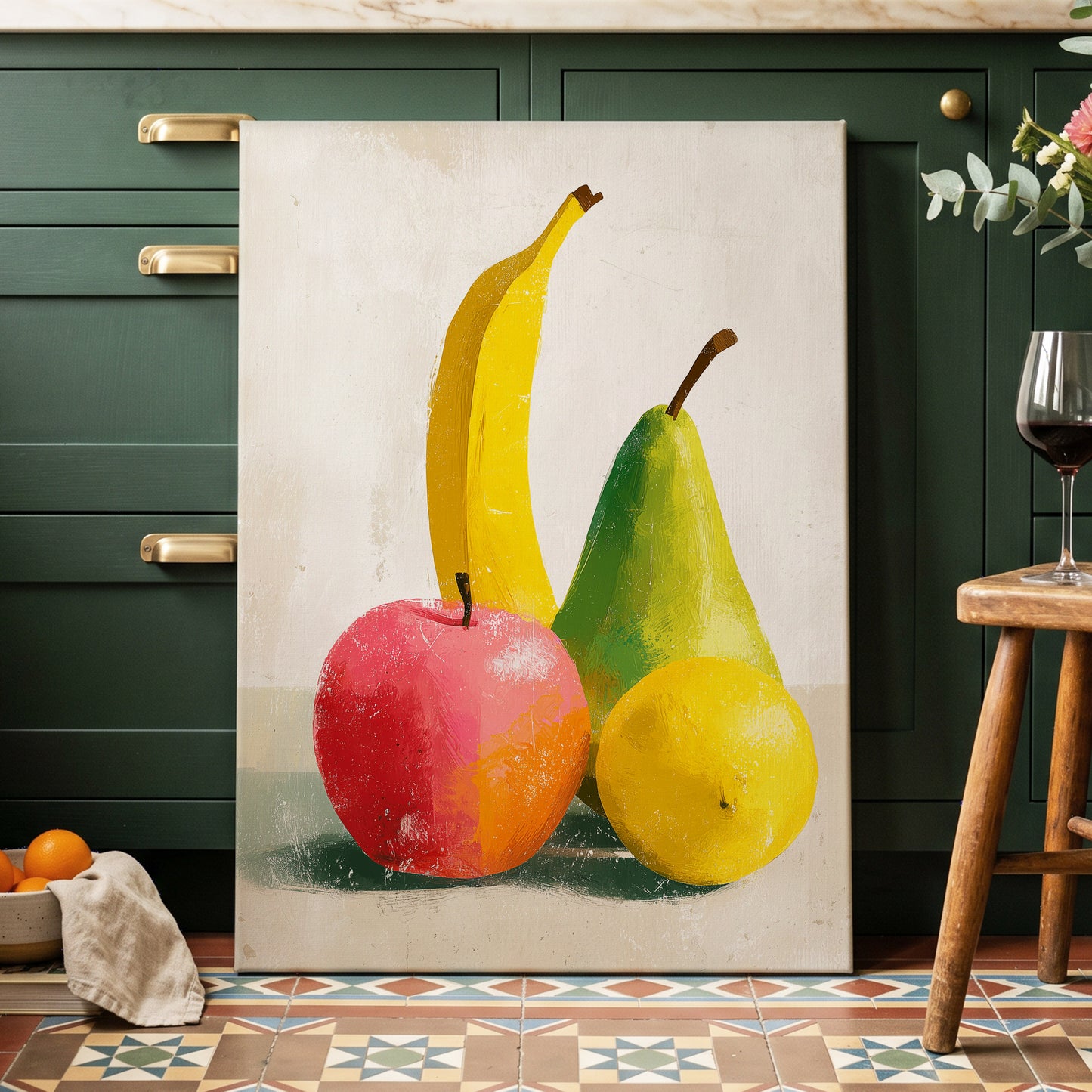 Fruitful Colour Study, yellow, green, pink nature wall art displayed in a styled interior, gallery view 3