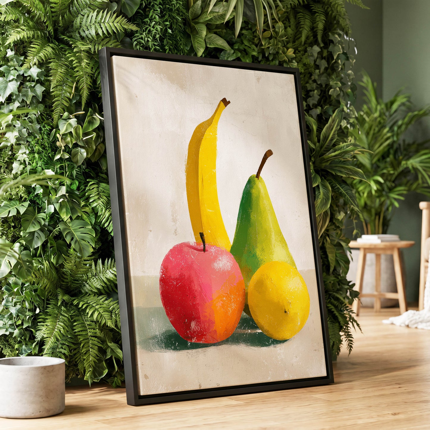 Fruitful Colour Study, yellow, green, pink nature wall art displayed in a styled interior, gallery view 4