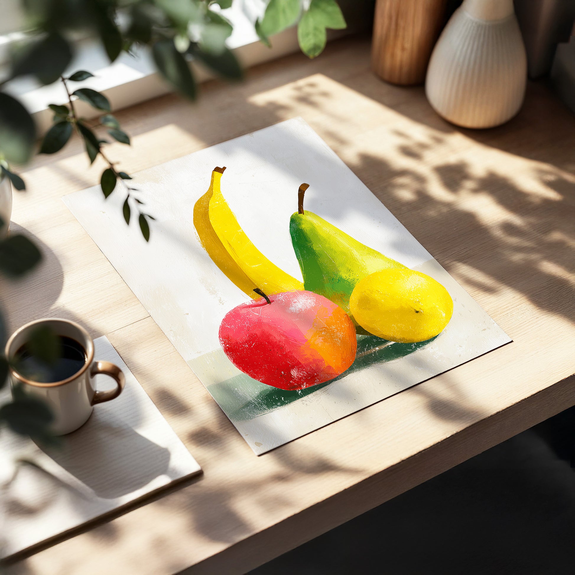 Fruitful Colour Study, yellow, green, pink nature wall art displayed in a styled interior, gallery view 5