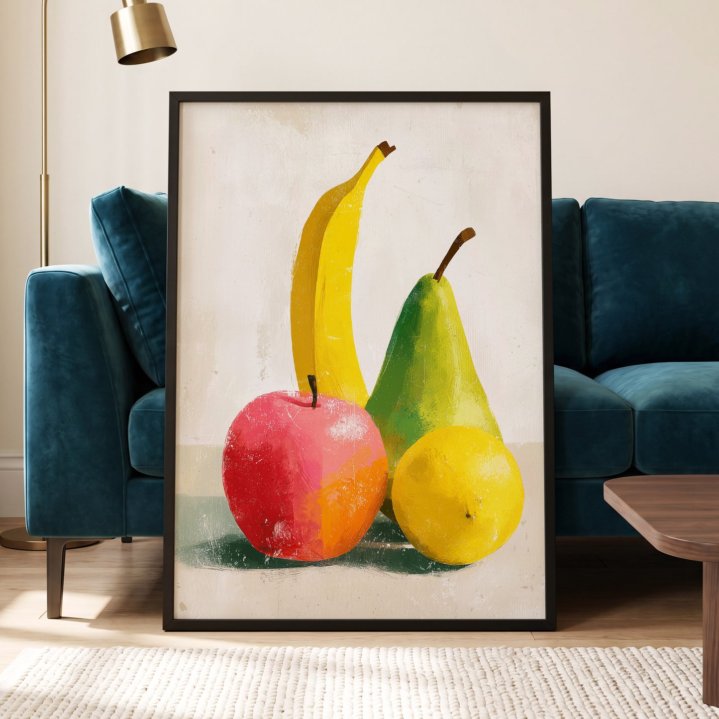 Fruitful Colour Study, yellow, green, pink nature wall art displayed in a styled interior, gallery view 6