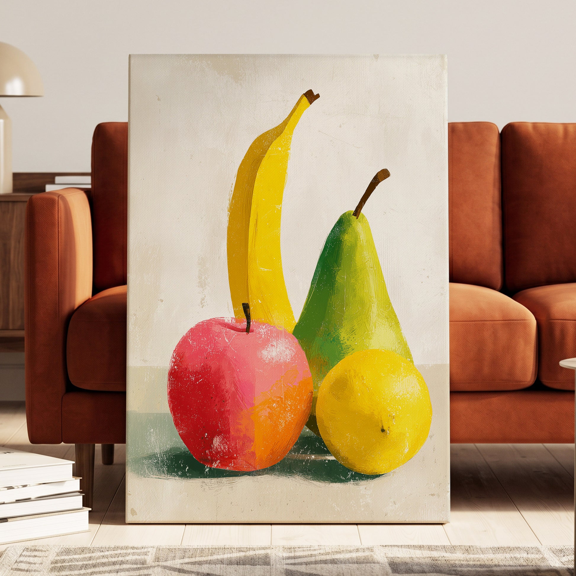 Fruitful Colour Study, yellow, green, pink nature wall art displayed in a styled interior, gallery view 7