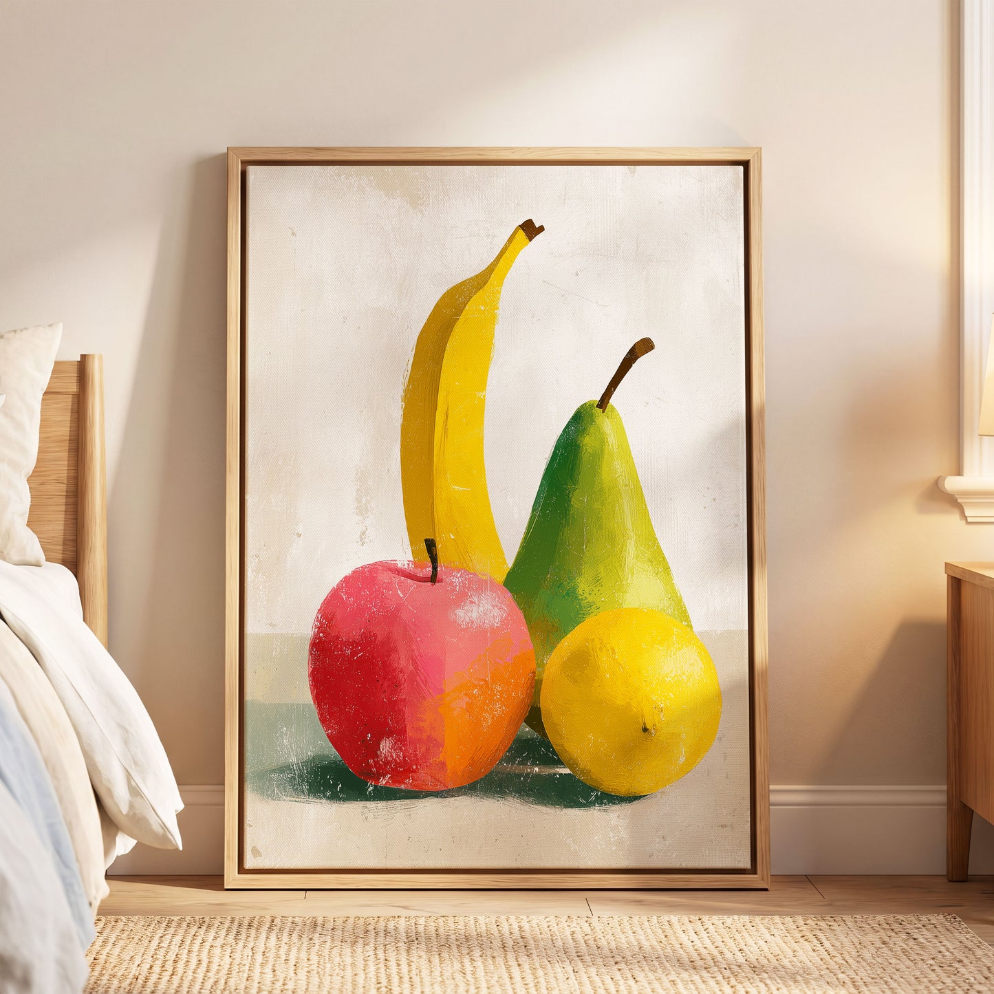 Fruitful Colour Study, yellow, green, pink nature wall art displayed in a styled interior, gallery view 8