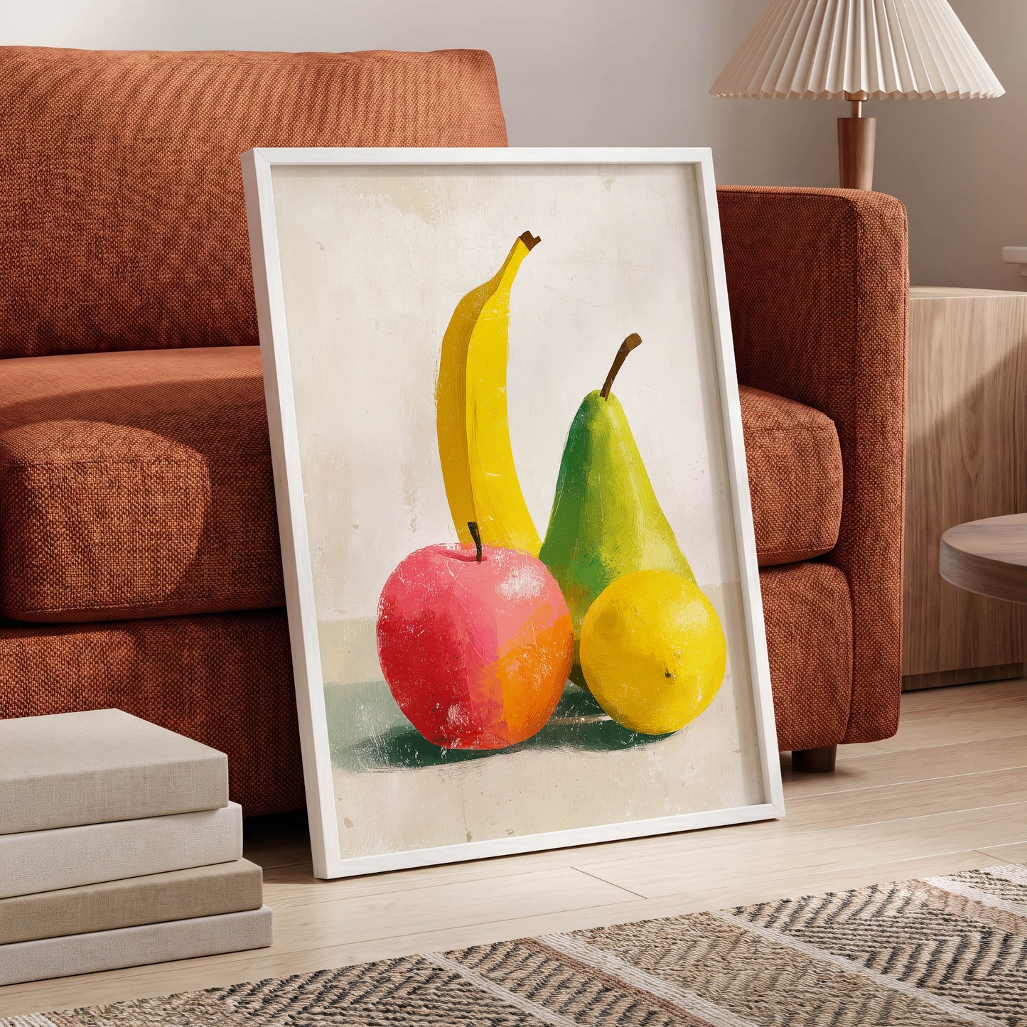 Fruitful Colour Study, yellow, green, pink nature wall art displayed in a styled interior, gallery view 9