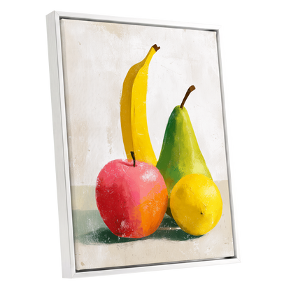 Fruitful Colour Study, yellow, green, pink nature wall art shown as a white framed canvas wall art
