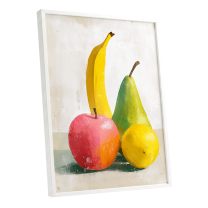 Fruitful Colour Study, yellow, green, pink nature wall art shown as a white framed poster wall art print