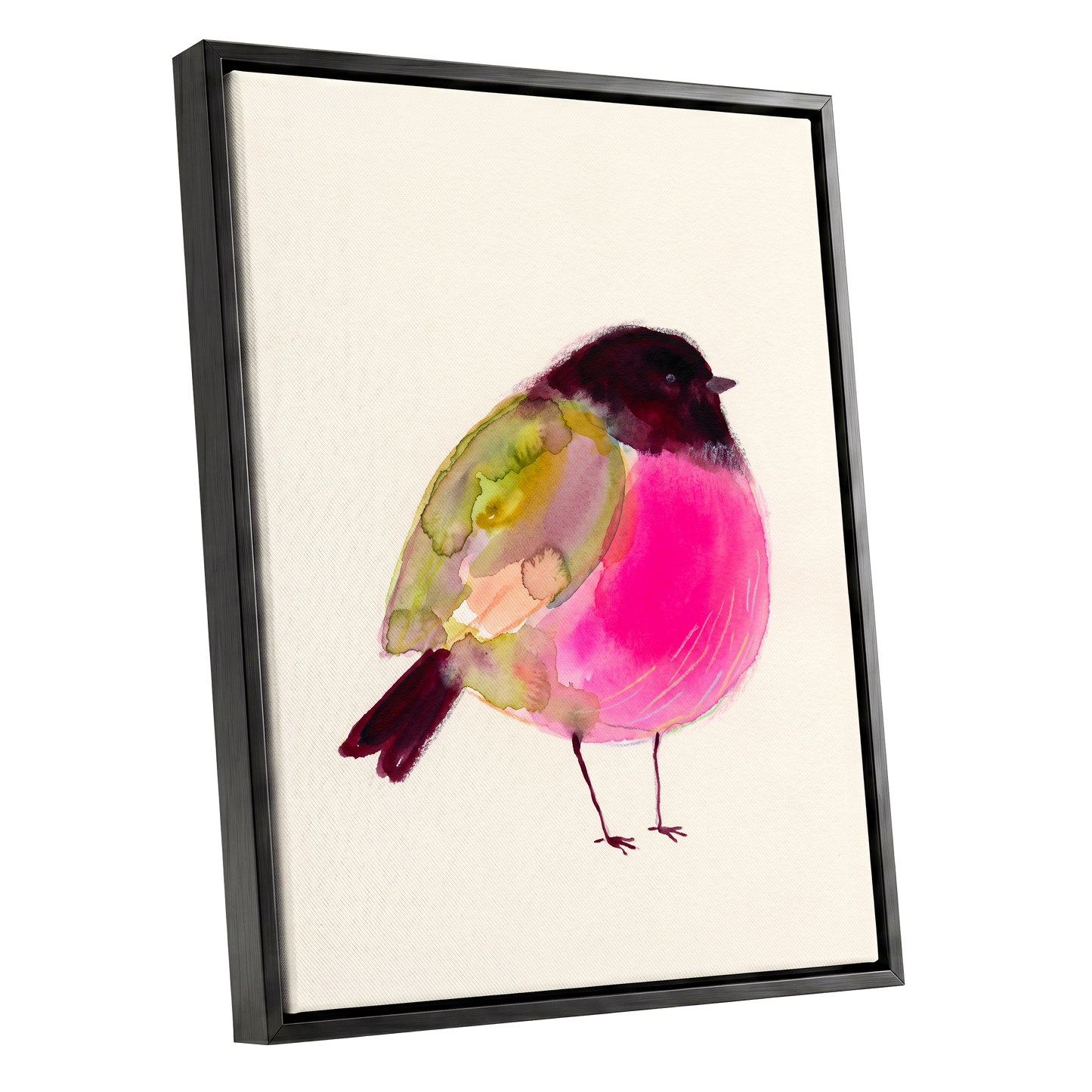 Fuchsia Garden Bird, pink, purple, green nature wall art shown as a black framed canvas wall art
