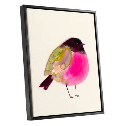 Fuchsia Garden Bird, pink, purple, green nature wall art shown as a black framed canvas wall art