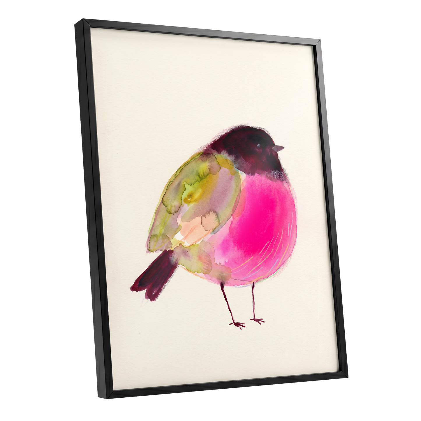 Fuchsia Garden Bird, pink, purple, green nature wall art shown as a black framed poster wall art print