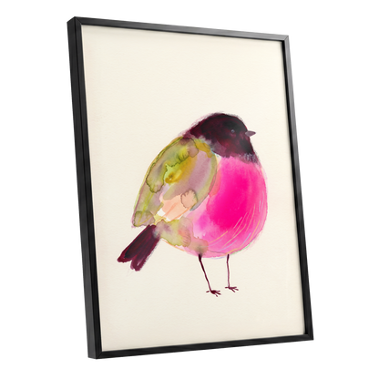 Fuchsia Garden Bird, pink, purple, green nature wall art shown as a black framed poster wall art print